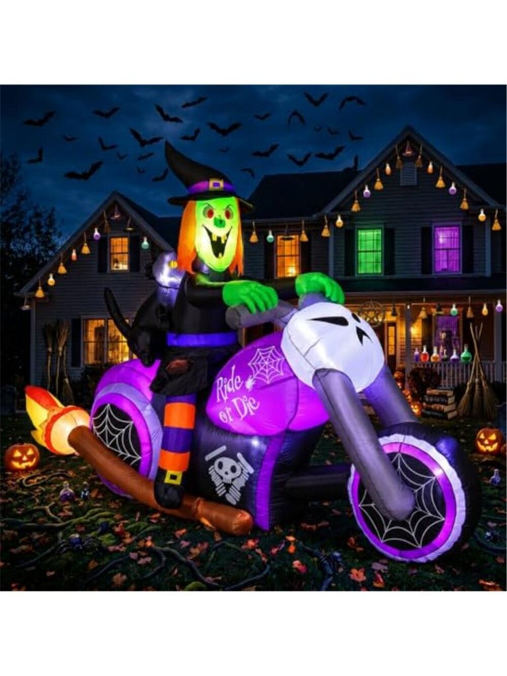 7FT Gaint Halloween Inflatables Witch on Motorcycle with Black Cat,Blow Up